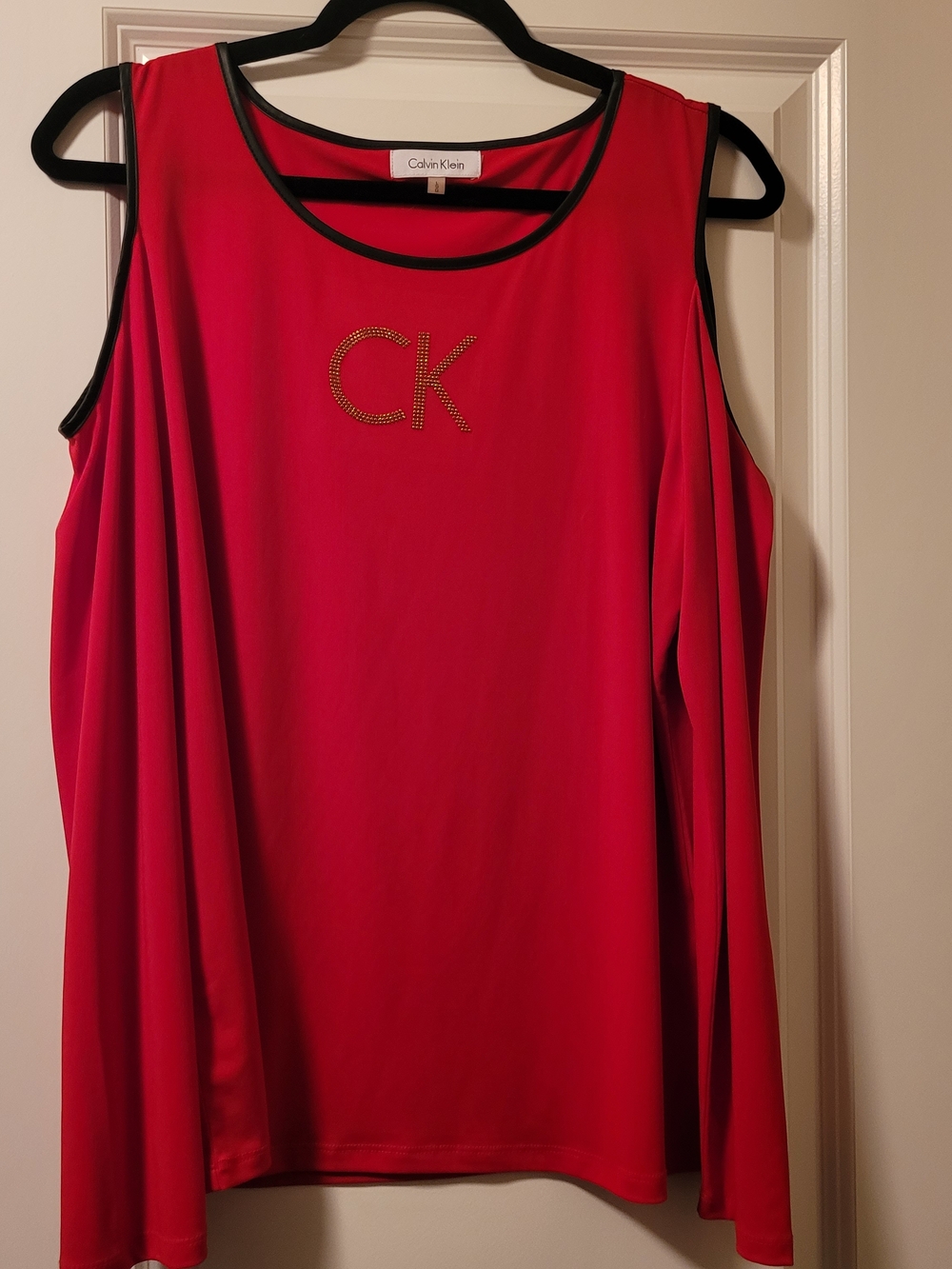 Calvin Klein Women's Size L Red Beaded Logo Cold Shoulder Long Sleeve Top
